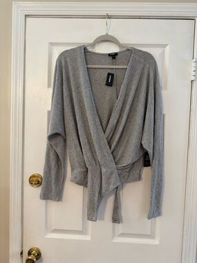 Express Light Gray Ribbed Wrap V-Neck Sweater